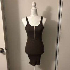 Ribbed Zip-Front Mini Dress in Brown